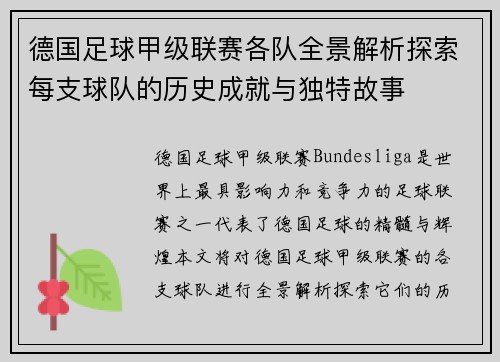 德国足球甲级联赛各队全景解析探索每支球队的历史成就与独特故事